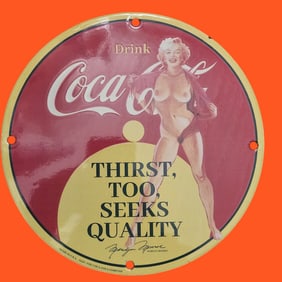 Vintage Coca-Cola Porcelain Sign Featuring Iconic Marilyn Monroe Artwork