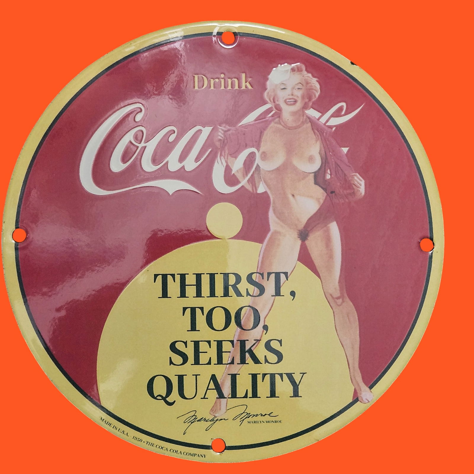 Vintage Coca-Cola Porcelain Sign Featuring Iconic Marilyn Monroe Artwork (1 of 2)