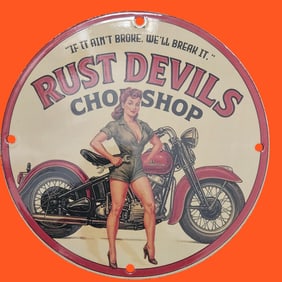 Rust Devils Chop Shop Vintage Porcelain Sign - Classic Motorcycle Nostalgia