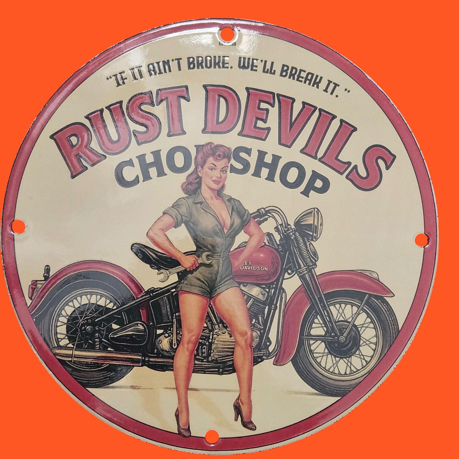 Rust Devils Chop Shop Vintage Porcelain Sign - Classic Motorcycle Nostalgia (1 of 2)