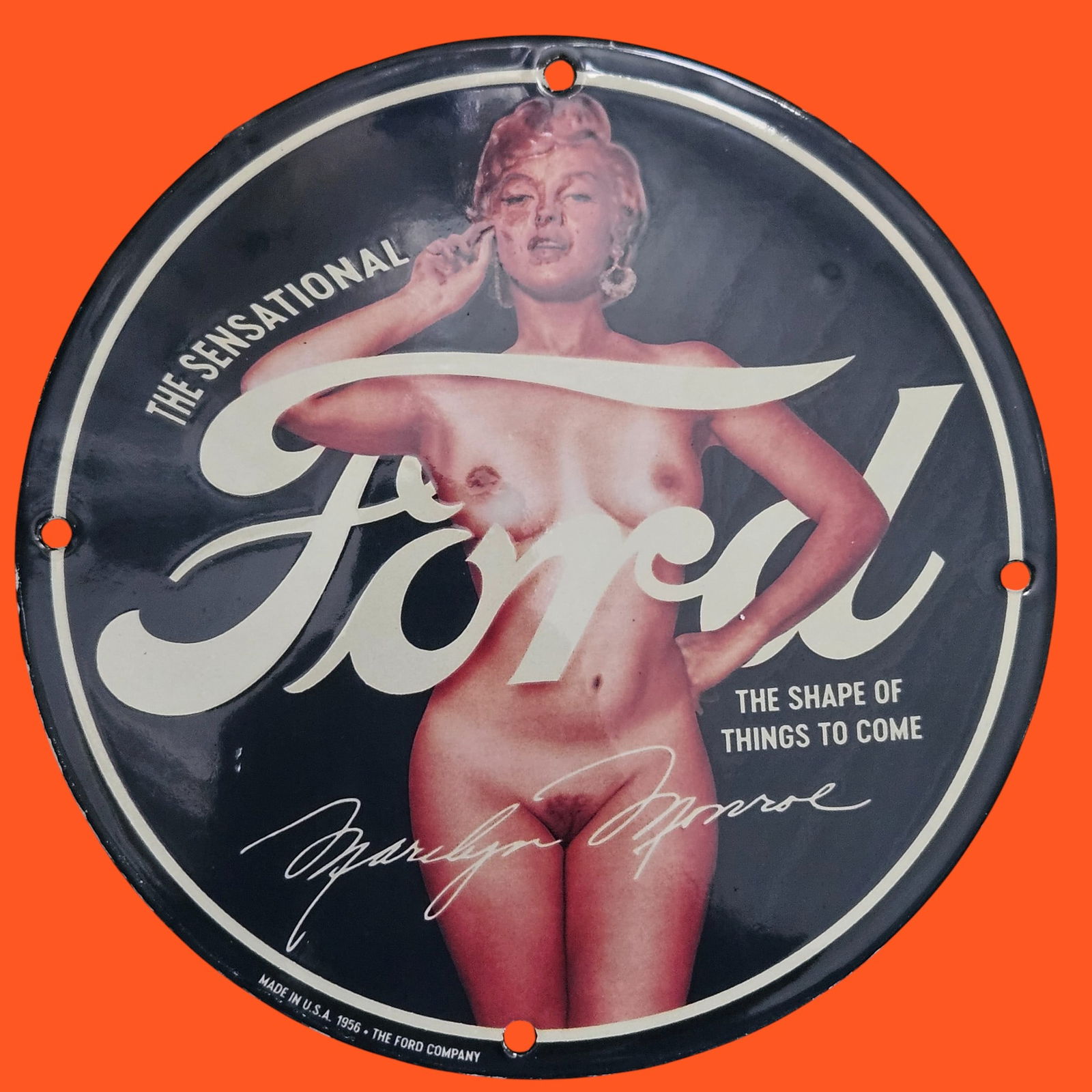 Vintage Marilyn Monroe Nude Ford Motor Oil Porcelain Sign - A Unique Collectible for Oil Enthusiasts: This striking porcelain sign for Vintage Marilyn Monroe Nude Ford Motor Oil Porcelain Sign - A Unique Collectible for Oil Enthusiasts