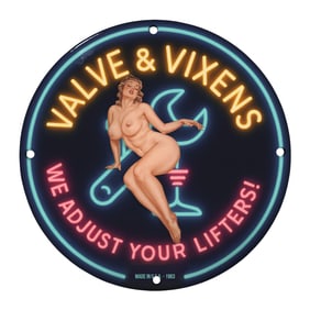 Vintage 8-Inch Porcelain Sign: Valve & Vixens - Retro Garage Decor