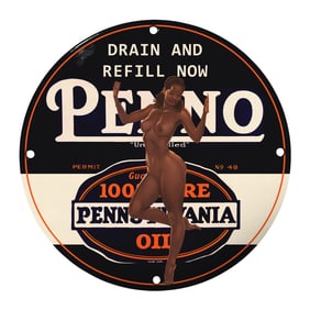 Vintage 8" Porcelain Sign: Drain and Refill Now - Classic Petroleum Art