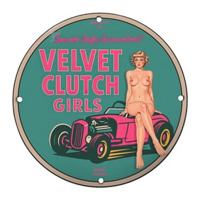 Vintage 1961 Velvet Clutch Girls Porcelain Sign - Classic Auto Memorabilia Decor