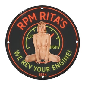 Vintage 1954 RPM Rita's 8" Porcelain Sign - Classic Automotive Art Decor