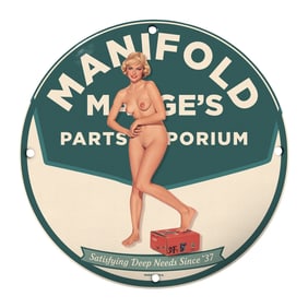 Vintage Manifold Marge's Parts Emporium 8-Inch Porcelain Sign - Retro Decor for Collectors