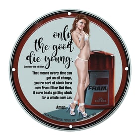 Vintage Fram Oil Filter Porcelain Sign - 8" Round Classic Auto Decor
