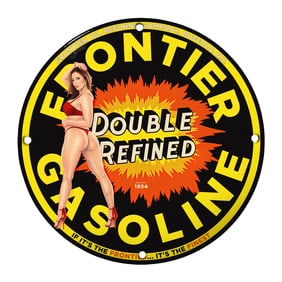 Vintage 8-Inch Frontier Gasoline Porcelain Sign - Double Refined Quality