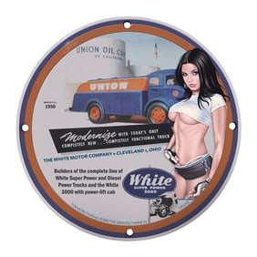 Vintage 1950 Union Oil Porcelain Sign - White Super Power Truck Art