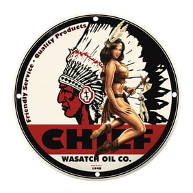 Vintage 8-Inch Porcelain Sign - Chief Wasatch Oil Co. - Collectible Decor