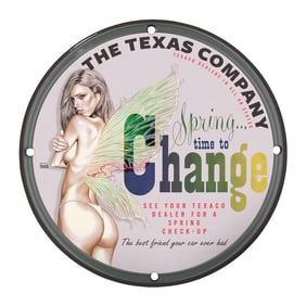 Vintage 1949 Texaco Spring Change 8-Inch Porcelain Sign - Retro Gas Station Memorabilia