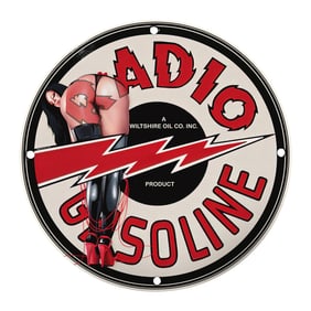 Vintage 8-Inch Porcelain Sign - Classic Radio Gasoline Advert with Retro Pin-Up Art