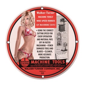 Vintage Walker-Turner Porcelain Sign - Machine Tools & Speed Ranges - 8" Round