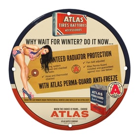 Vintage Atlas Tires & Batteries Porcelain Sign - Guaranteed Radiator Protection