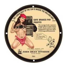 Vintage John Bean Porcelain Sign: Safe Brakes Pay Profits - Classic Automotive Buy