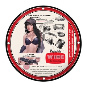 Vintage 8-Inch Porcelain Sign: Reynolds Wire Performance Art for Garage and Industry