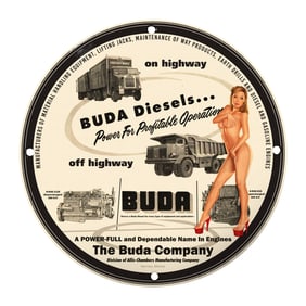 Vintage Buda Diesels Porcelain Sign - Perfect for Collectors and Automotive Enthusiasts