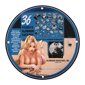Vintage 8-Inch Porcelain Sign: Permite Aluminum Castings with Stunning Pin-Up Art