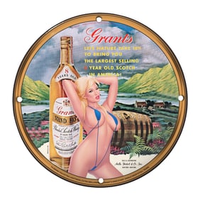 Vintage 8-Inch Porcelain Sign: Grants 8-Year-Old Scotch Whisky with Classic Artwork