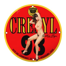Vintage 8-Inch Porcelain Sign featuring Bettie Page - Ethyl Cresyl 98 - 1945 Collectible