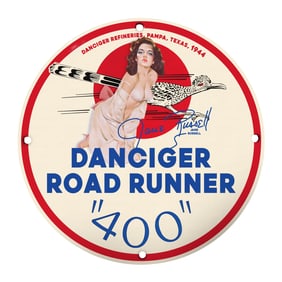 Vintage 1944 Danciger Road Runner Porcelain Sign - Collectible Memorabilia