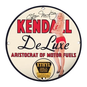 Vintage Kendall DeLuxe Porcelain Sign Featuring Classic Pin-Up Art - 8 Inch
