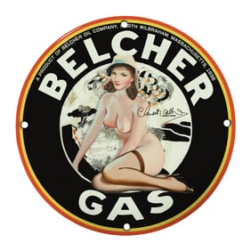 Vintage 8 Inch Belcher Gas Porcelain Sign with Iconic Pin-Up Art from 1936