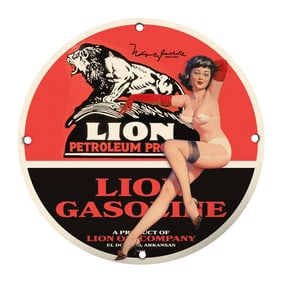 Vintage 8-Inch Lion Gasoline Porcelain Sign - Collectible Memorabilia