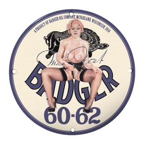 Vintage 1934 Badger Oil Company Porcelain Sign - Collectible Mae West Art