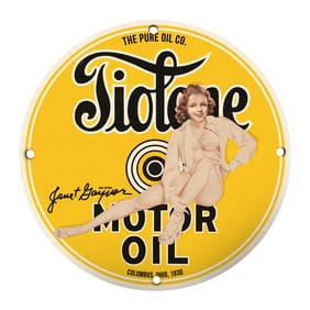 Vintage 8-Inch Porcelain Sign - Tiotane Motor Oil with Classic Pin-Up Glamour