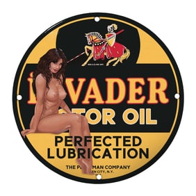 Vintage Invader Motor Oil Porcelain Sign - Perfected Lubrication Artwork Home Decor