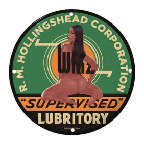 Vintage R.M. Hollingshead Porcelain Sign - 8 Inch Lubritory Whiz Art