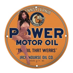 Vintage 8" Porcelain Sign - Power Motor Oil with Iconic Artwork from Jack Nourse Oil Co.