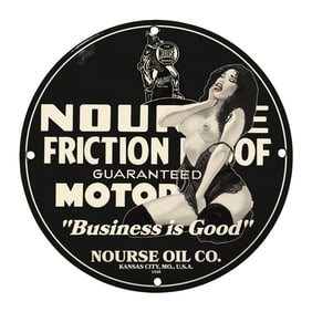 Vintage Nourse Oil Co. 8-Inch Porcelain Sign - Guaranteed Friction Proof Motor Oil
