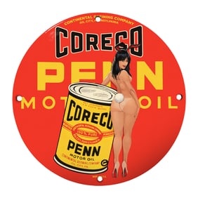 Vintage 8-Inch Porcelain Sign - Coreco Penn Motor Oil with Retro Artwork