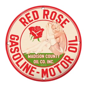Vintage Red Rose Gasoline - Motor Oil Porcelain Sign - Classic Auto Memorabilia