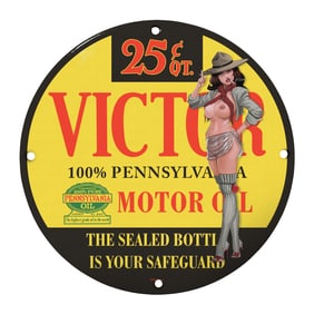 Vintage 8-Inch Porcelain Motor Oil Sign - Collectible Victor Oil Display