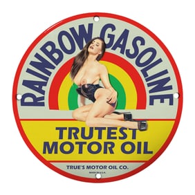 Vintage Rainbow Gasoline Porcelain Sign - 8 Inch Collector's Item
