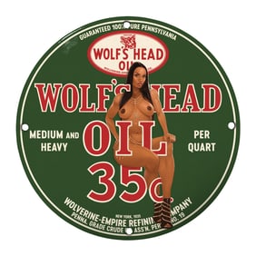 Vintage Wolf's Head Oil Porcelain Sign - 8 Inch Collector's Item