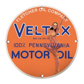 Vintage VELTEX Motor Oil Porcelain Sign ? Collectible 8-Inch Round Decor