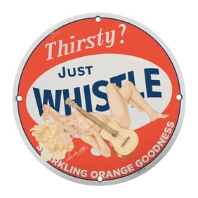 Vintage 8 Inch Porcelain Sign: Just Whistle for Sparkling Orange Goodness