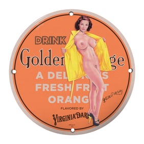 Vintage 8-Inch Porcelain Sign: Drink Golden Age Fresh Fruit Orange