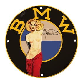 Vintage 8" Porcelain BMW Sign Featuring Marlene Dietrich - Iconic Artwork for Collectors