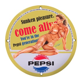 Vintage 8-Inch Porcelain Pepsi Sign: 'Come Alive' Collector's Item for Bid