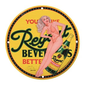 Vintage 8-Inch Porcelain Regent Beverages Sign - Classic Pin-Up Art