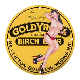 Vintage Bettie Page Porcelain Sign - Goldy Rocks Birch Beer 8 Inch Collectible