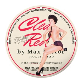 Vintage Max Factor Clea Red Lipstick Porcelain Sign - Hollywood Glamour Collectible