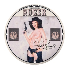 Vintage 8-Inch Ruger Porcelain Sign Featuring Jane Russell - Collectible Item