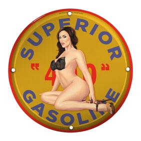 Unique Vintage Porcelain Pin-Up Girl Sign: Superior Gasoline 8-inch Collectible Art