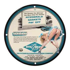 Vintage Porcelain Pin-Up Girl 8-Inch Sign - Fitzgerald Gaskets Collectible Art